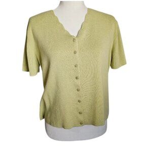 Scalloped Edge Button-Up Short Sleeve Knitted Top in Light Green